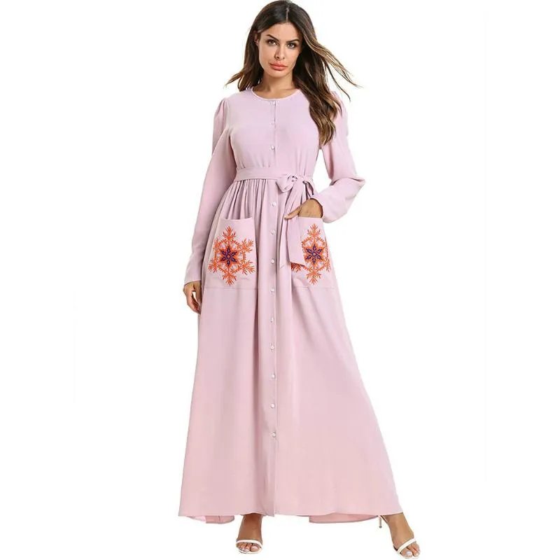Повседневные платья Принцесса розовое платье передняя грудь снежинка вышитая длинная женщина одежда весна осень мусульманская малиата TA7567