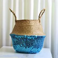 Storage Baskets Straw Crafts Foldable Basket Home Decor Portable Plant Flower Pot Dirty Clothes Toy Big Belly Blue Sequin