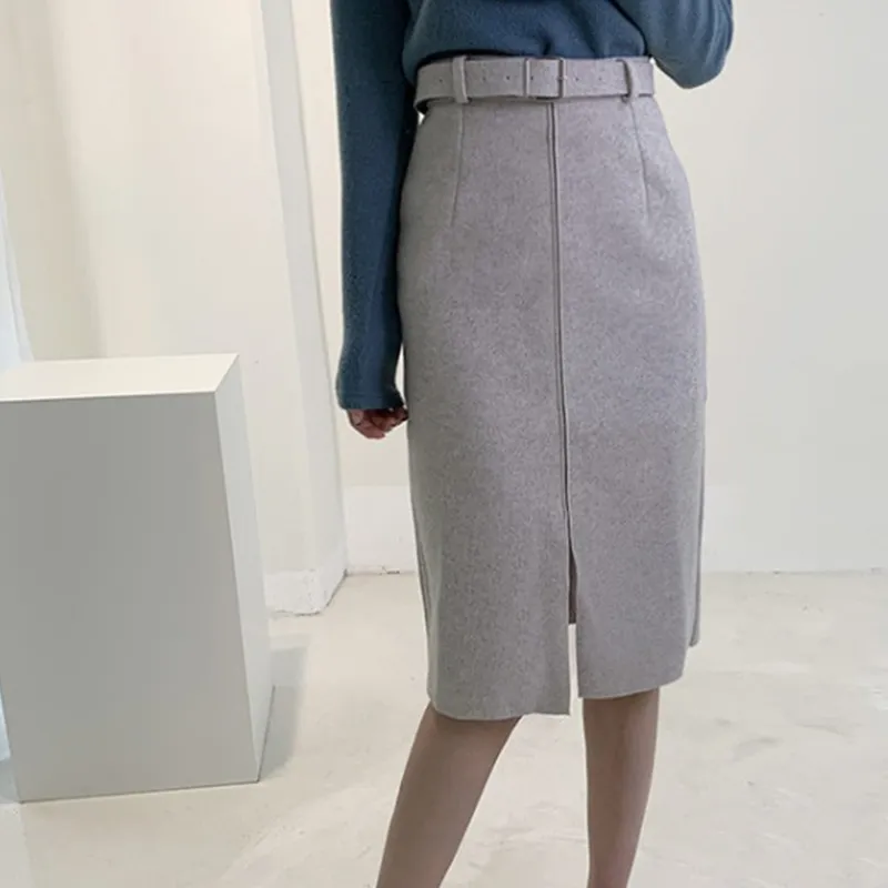 Korean autumn winter elegant high waist buttock woolen mid length Woolen skirt lady Pencil Split Skirt for womens vintage 210514