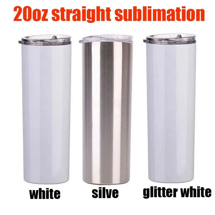 3 Stijl 20oz Sublimatie Rechte Skinny Tumbler Zilver Wit en Glitter Slanke Kop met Plastic Stro Vacuüm Reis Mok DIY Geschenken