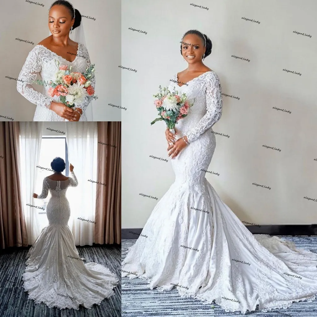 2021 Mermaid Bellanaija Abiti da sposa maniche lunghe con scollo a V in pizzo Aso Ebi abiti da sposa da sposa africani taglie forti con strascico