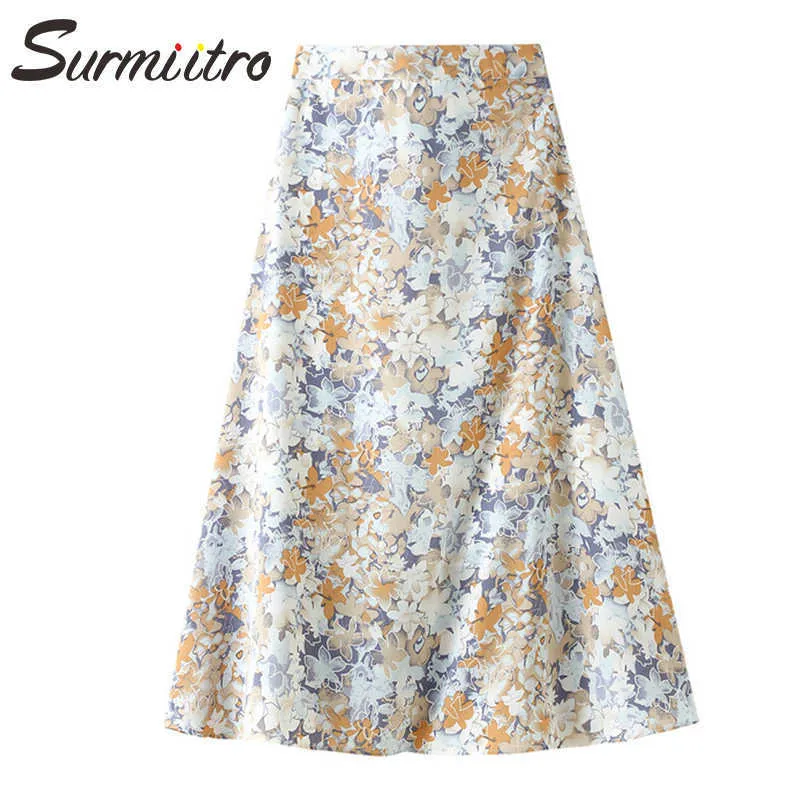 Surmiitro Summer Midi Longスカート女性韓国風エレガントな花油絵ミッドレングスハイウエストスカートメス210712