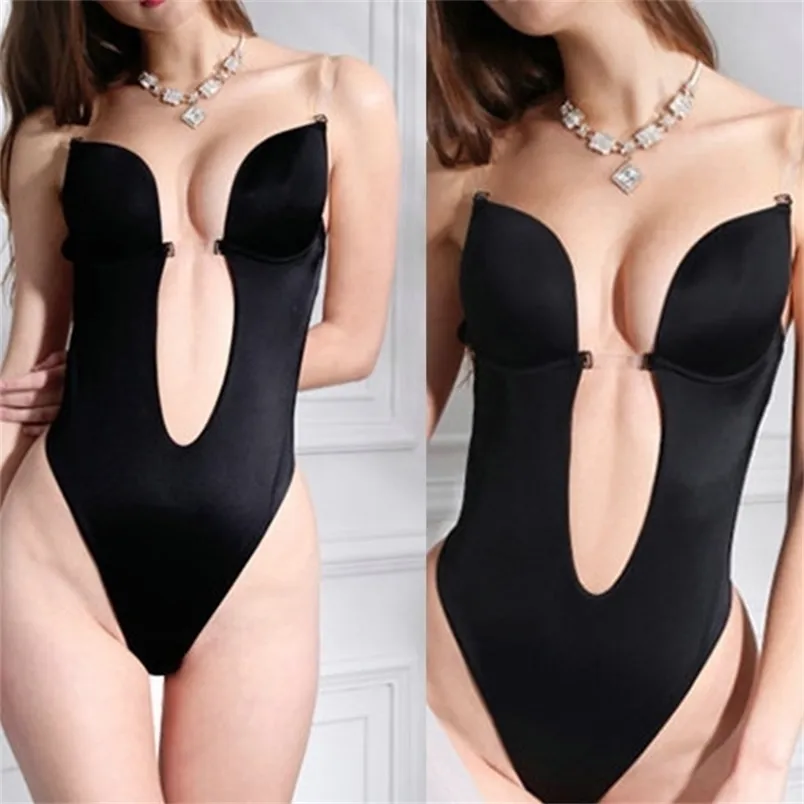 Vrouwen Sexy U Plunge Backless Bodysuit Diepe V-hals Naadloze String Onderkant Gewatteerde Push Up Body Shapewear Top 220307