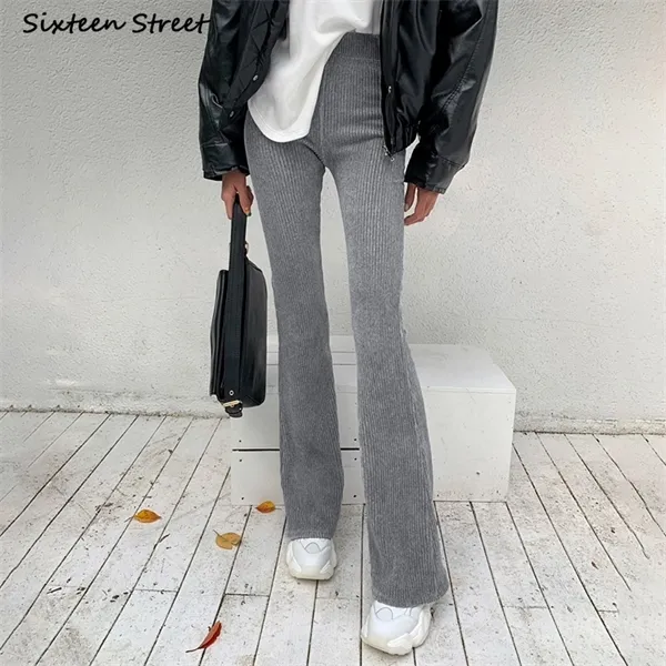 Streetwear Bell Bottom Pants Woman Gray Corduroy High Waisted Flare Pants Female Korean Clothes Spring Y2k Bottom Female Trouser Q0801