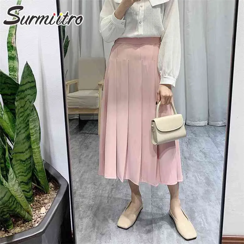 Super Qualität Frühling Sommer Midi Rock Frauen Koreanische Stil Rosa Hohe Taille Sonne Büro Plissee Weibliche OL 210421