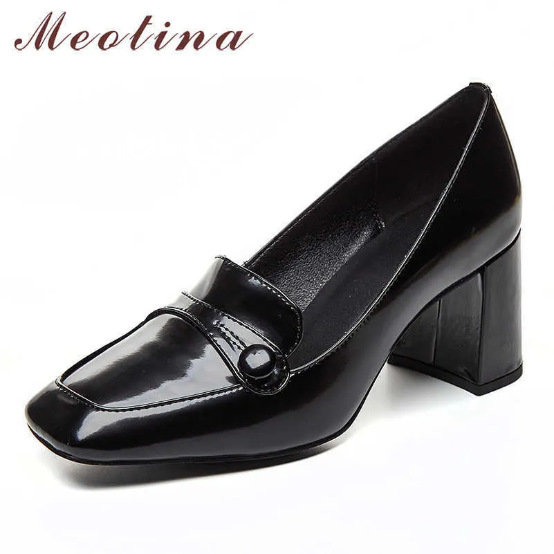 Meotina High Heels Kobiety Pompy Naturalne Prawdziwej Skóry Grube Wysokie Obcasy Buty Prawdziwe Skórzane Plac Toe Buty Dama Duży Rozmiar 33-42 210608