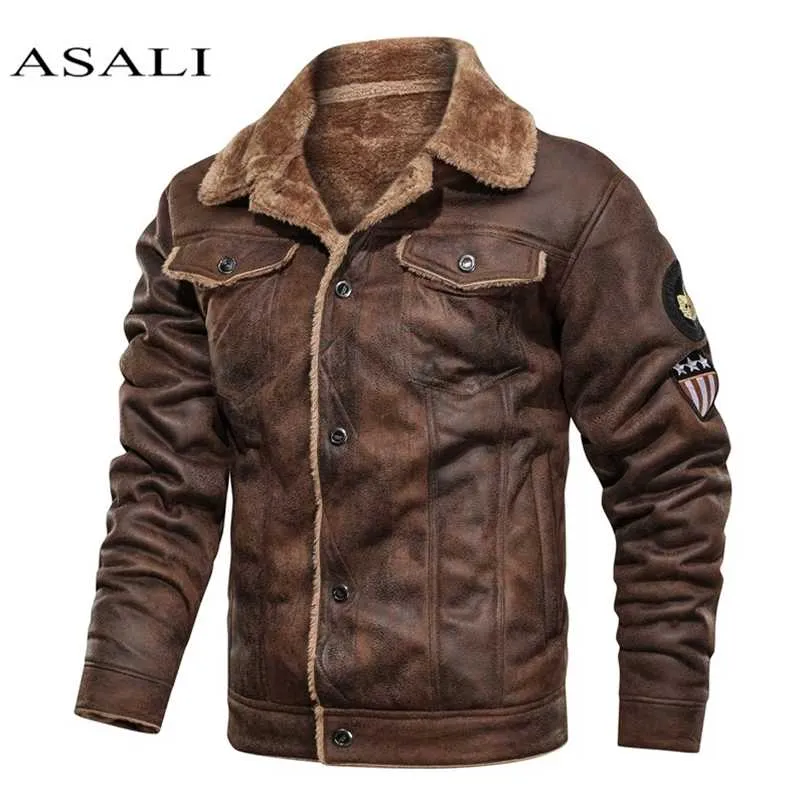 Hommes Vestes en cuir de daim à l'ancienne Villette militaire veste militaire manteau d'hiver chaleureux Casual Cuir Vestes PU Slim Fit Male Zipper 211103