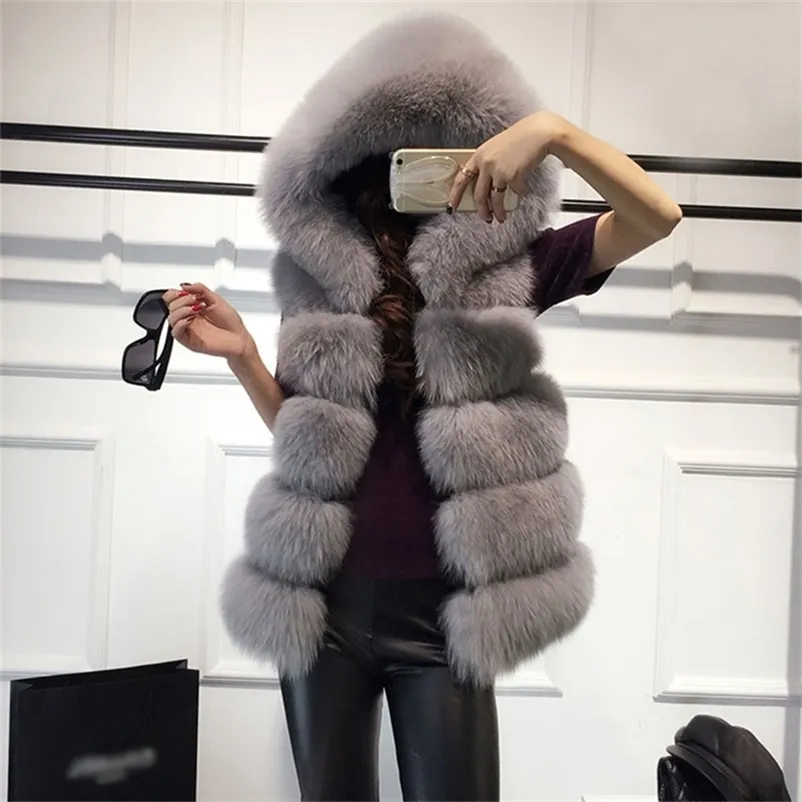 Mouwloze faux bont vest winter casual bovenkleding vrouwelijke solide nep bont capuchon overjassen voor dame mode bont vest femme 211122