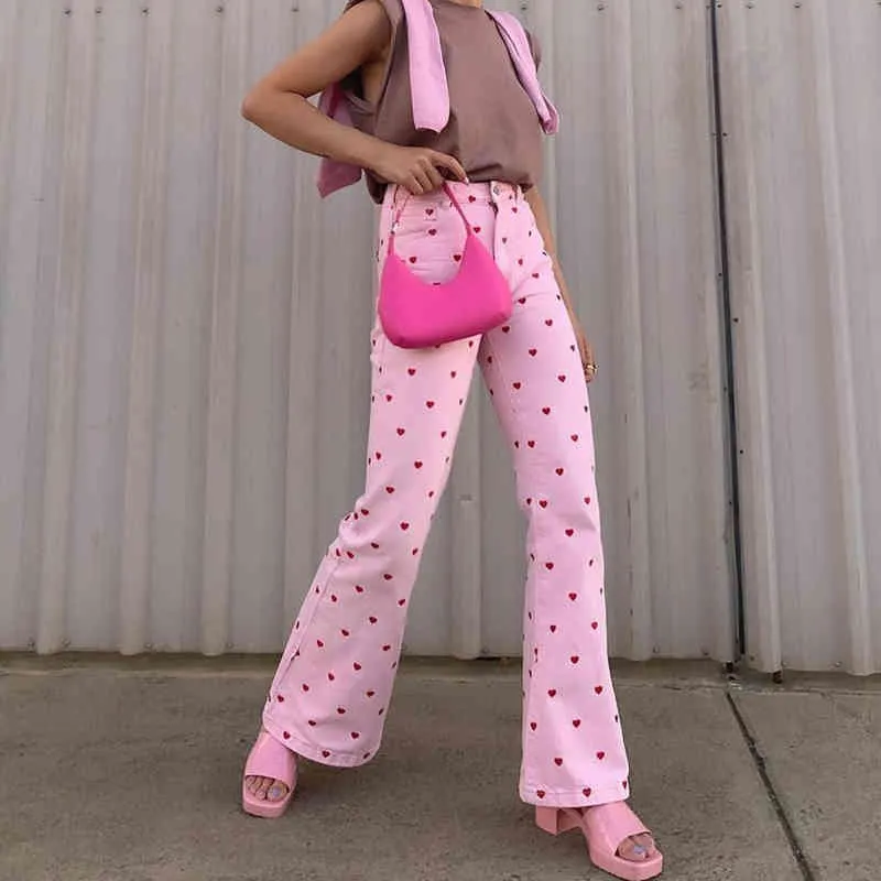 Red Heart Print High Waist Sweet Female Long Flare Pink Y2k Pants For Women Bottoms Harajuku Aesthetic Slim Fitness Trousers 210415