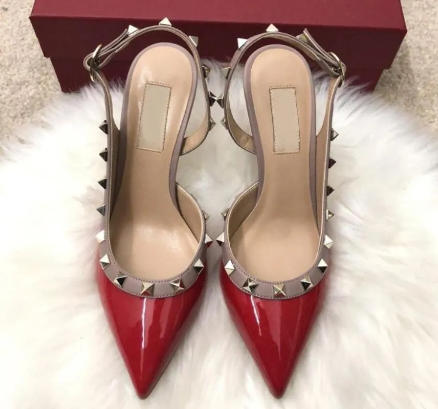 Sapatos sociais Moda 2022 Sandálias femininas de salto alto 6 cm 8 cm 10 cm Designer casual Vermelho Couro real Sapato de salto alto pontiagudo V Bolsa para pó