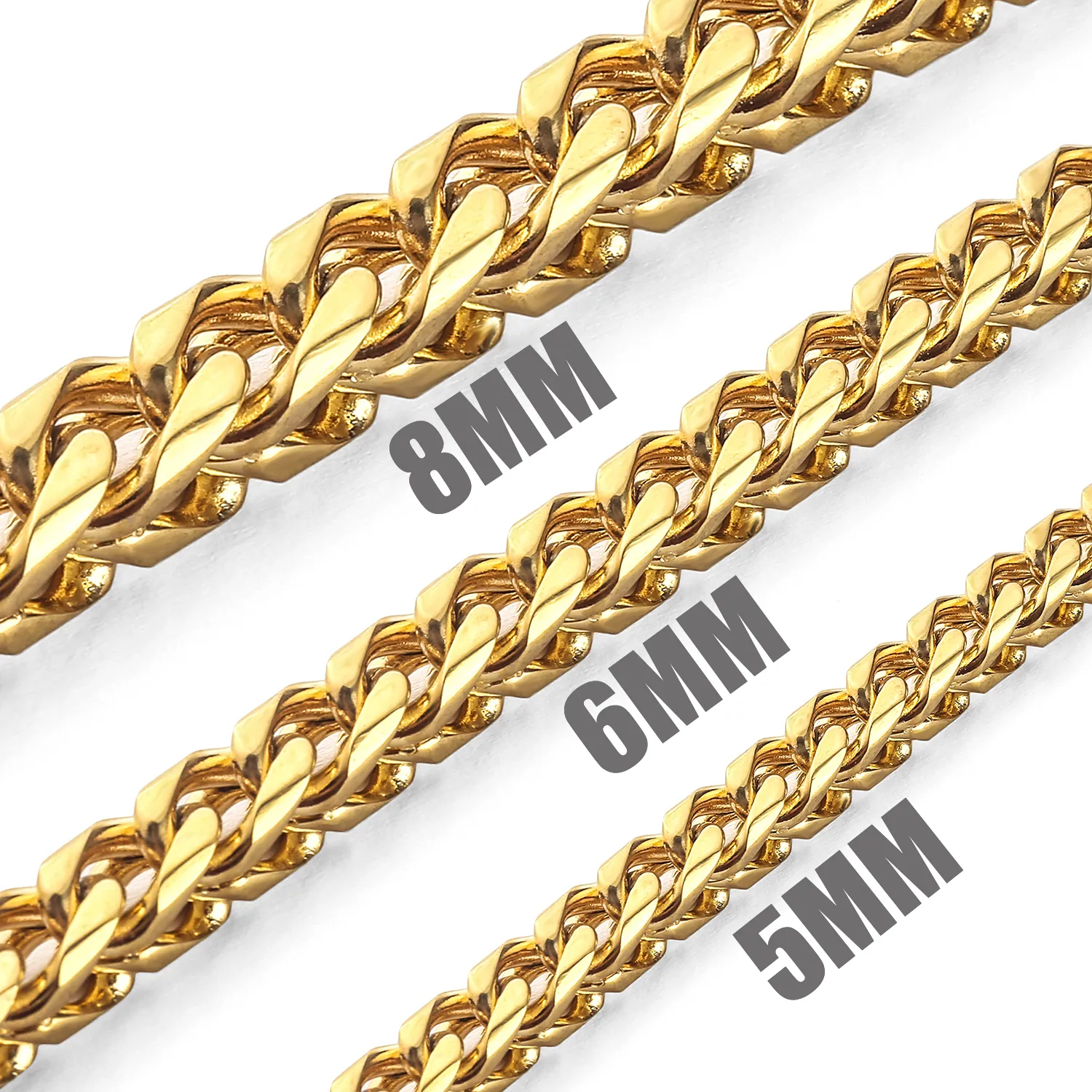 5mm / 6mm / 8mm goud roestvrij staal franco box Curb chain link voor mannen vrouwen punk ketting 18-30 inch met fluwelen tas