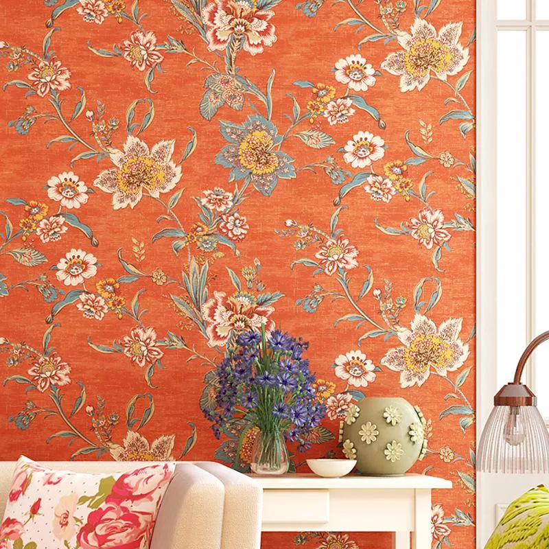 Wallpapers Amerikaanse landelijke retro pure papier behang oranje rode pastorale bloem slaapkamer woonkamer licht luxe tv achtergrond