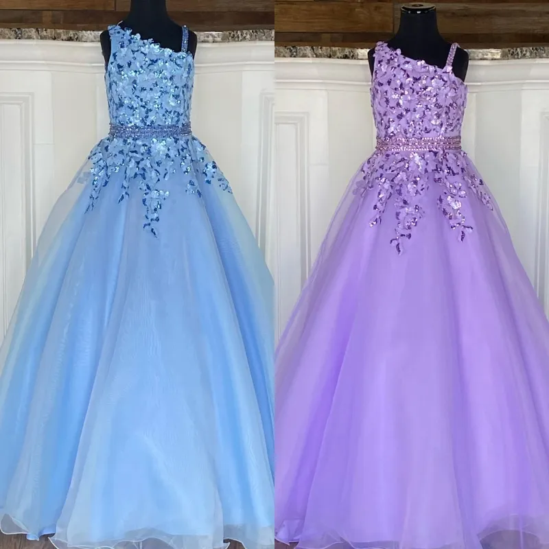 Little Miss Pageant Jurk voor Tieners Juniors Peuters 2021 Kralen Pailletten Kant Sky-Blue Light-Purple Long Girls Prom Town Formal Party Rosie Rits-Back One-Shoulder