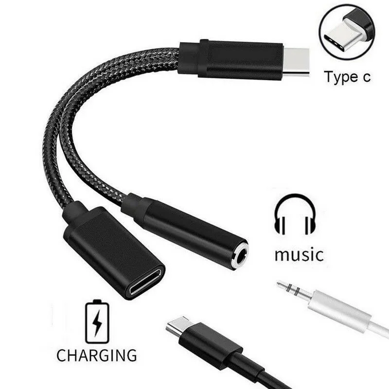 2 i 1 USB C till 3,5 mm hörlursuttagsadapter Typ C laddning AUDIO AUX Adapter för Samsung S20 Ultra Note 20 10 Plus S21 iPad Pro