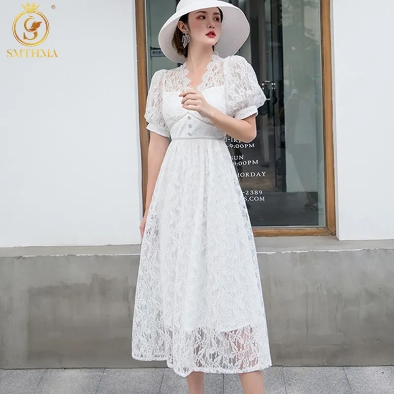 Mode elegante witte kant uitgehold jurk vrouwen korte mouw hoge kwaliteit mousserende diamanten jurken 210520