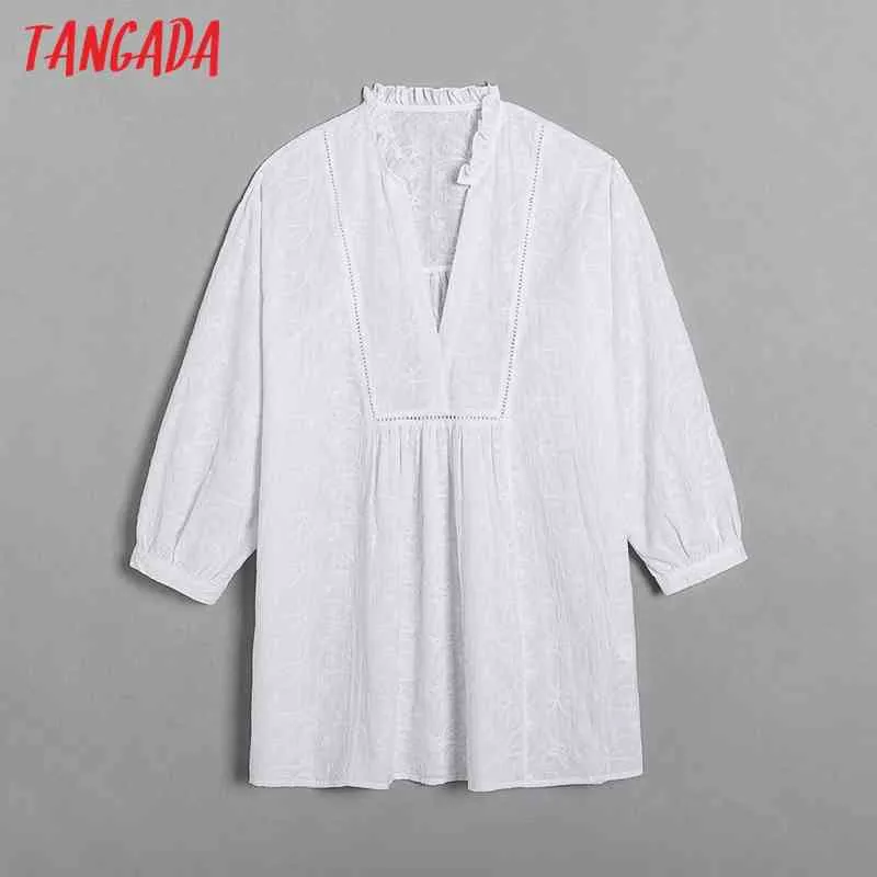 Mujeres de gran tamaño bordado blusa romántica manga larga chic camisa femenina tops 6h7 210416