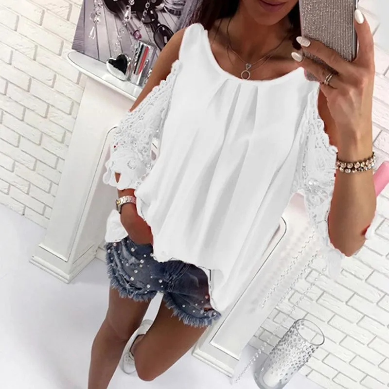 Damskie Bluzki Koszule Damskie Casual Off Ramię Topy Bluzka Lato Hollow Out Sleeve Shirt Damska Boho Tunika Top