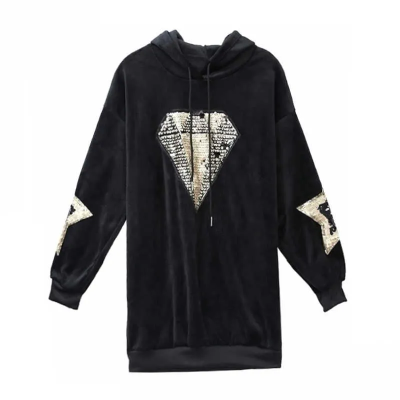 Perhaps U Women's Black Velvet Long Fleece Hooded Dress with Sequined Diamond Star Bling, Loose Fit, and Gold Hip Pop Velour Pullover - H0042 210529