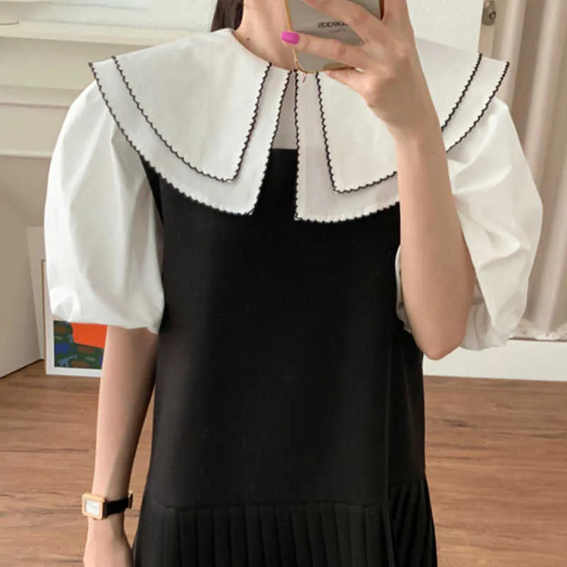 Koreanska Chic Big Peter Pan Collar Blus Kvinnor Sommar Kortärmad Arbetsstil Ol Gentle Patchwork Lady Tops Blusas 14396 210527