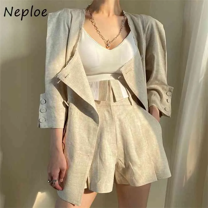 Work Style Ol 2 Pcs Women Set O Neck Long Sleeve Double Breast Jacket + High Waist Hip Straight Shorts Solid Suit Spring 210422