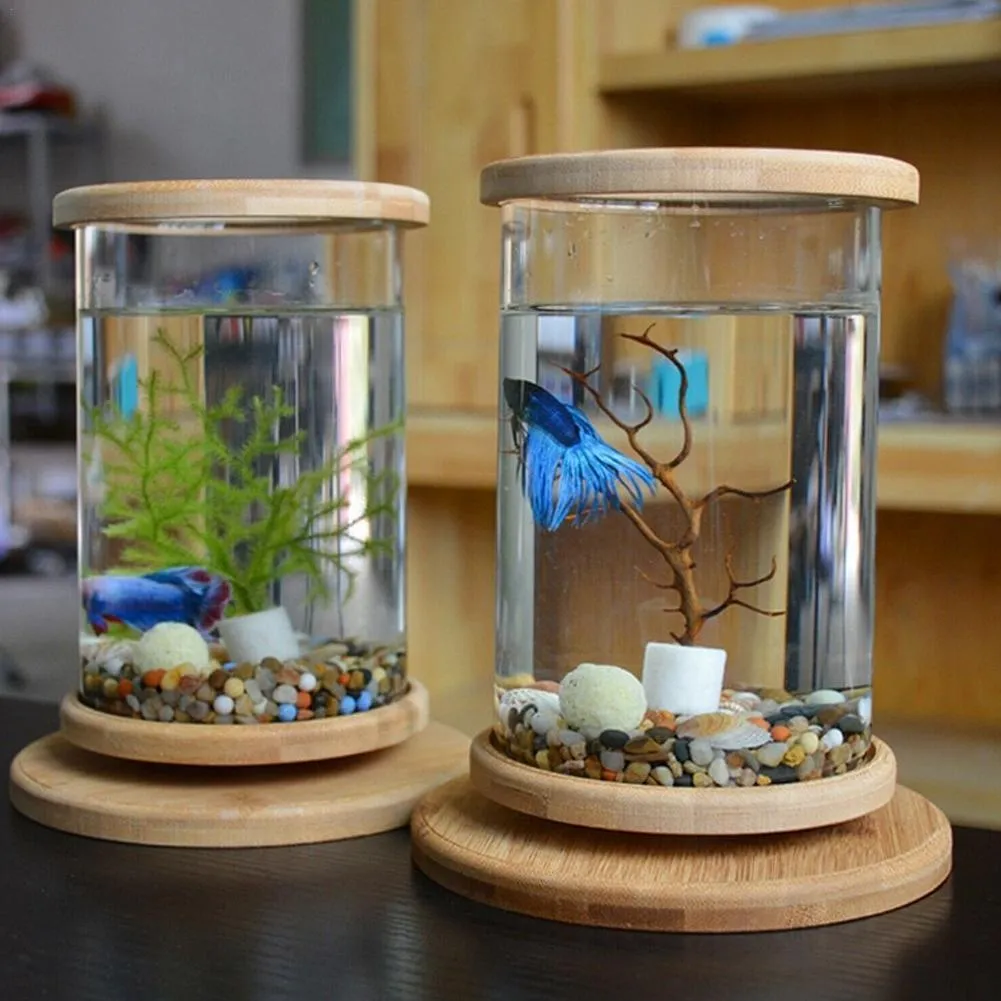 1PCS Mini Glas Bambus Basis Tank Drehen Dekoration Fisch Schüssel Ökologische Flasche Aquarium Zubehör