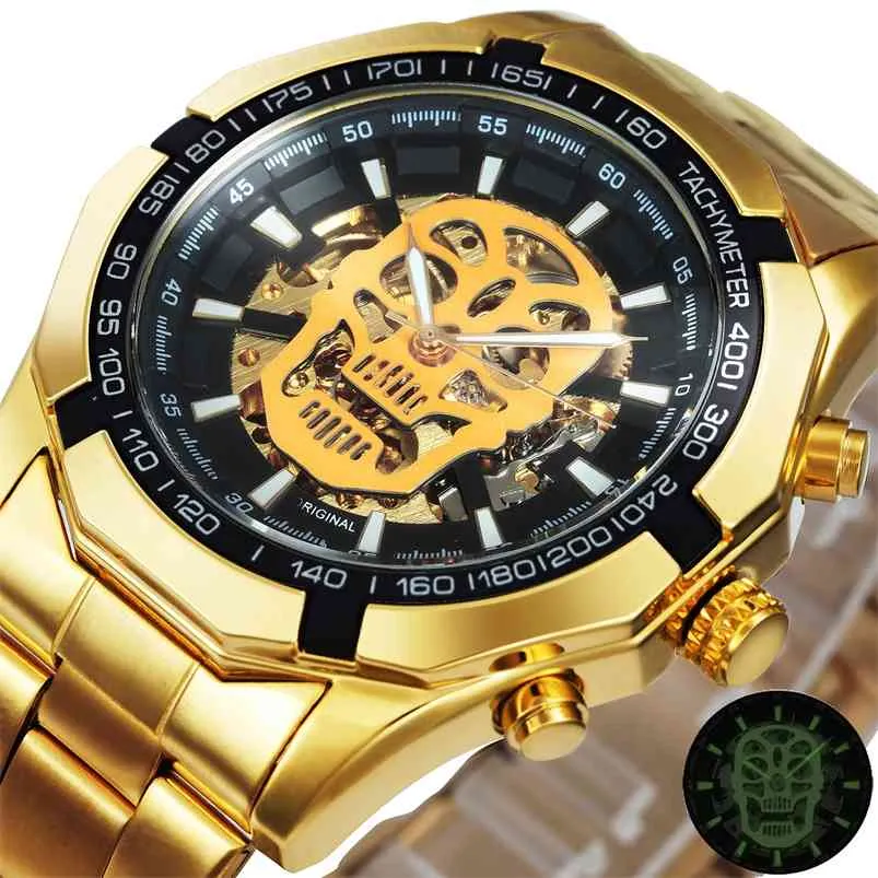 승자 공식 자동 골드 시계 남자 스틸 스트랩 해골 기계식 해골 시계 탑 브랜드 럭셔리 드롭 도매 210804