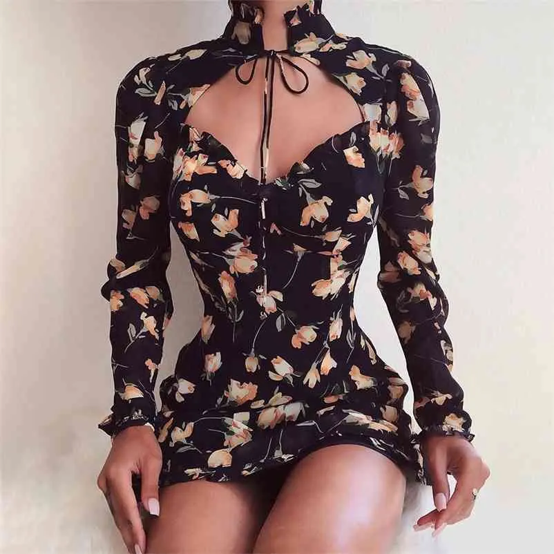 Foridol long sleeve floral dress women autumn winter black mini party dress sexy front cut turtleneck boho beach dress 210415