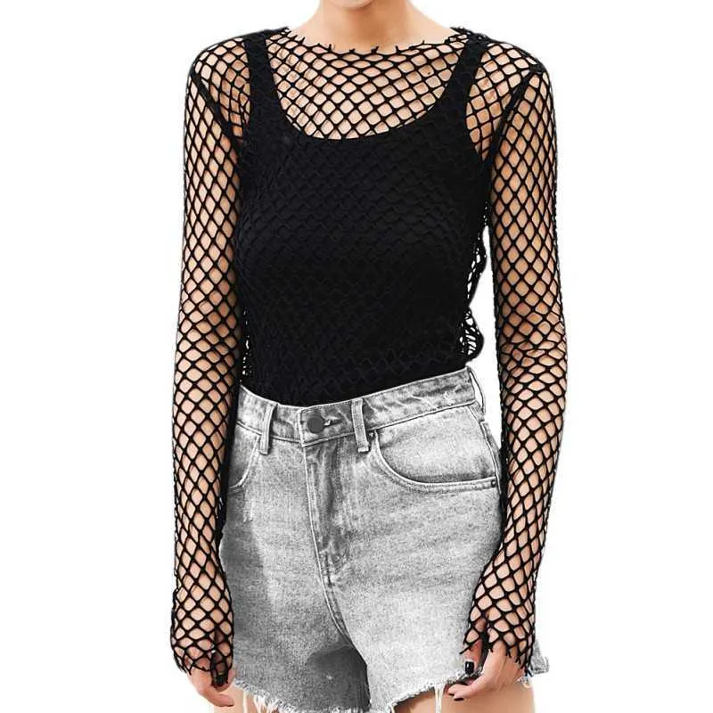 Women See Through Perspective Sheer Mesh Fishnet Tee Bodycon Long Sleeve Tops Beach T-shirt New Design Party Club Tops X0628