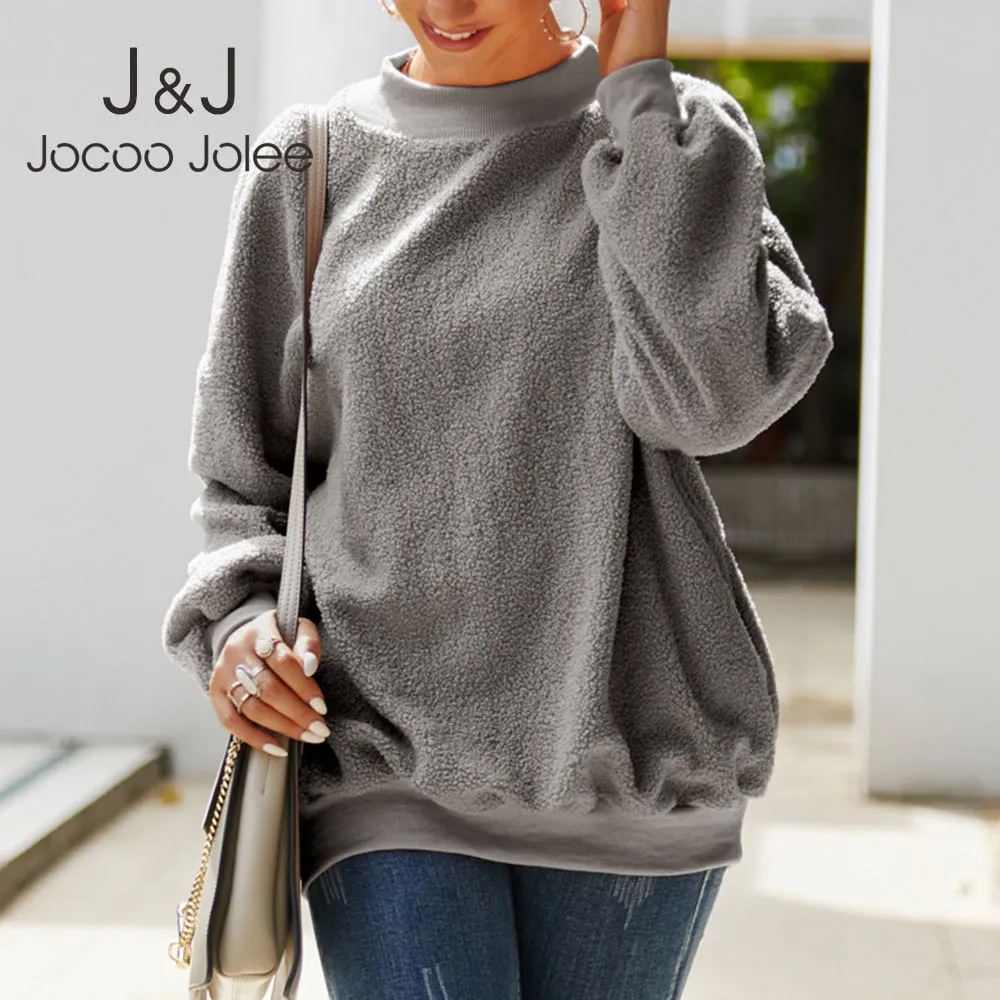 JOCoo Jolee Vintage Harajuku Teddy Bluzy Jesień Z Długim Rękawem O Neck Luźne Bluzy Dorywczo Polar Swetry Elegancki Pluszowy Top 210518