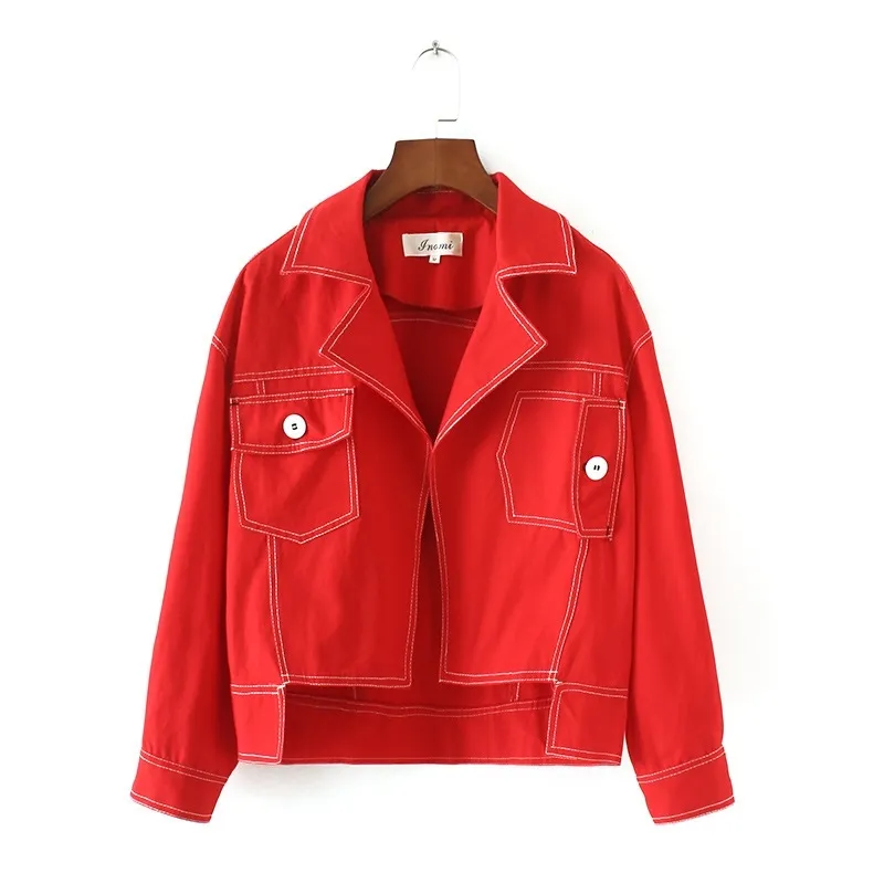 Damska kurtka dżinta czerwony przycisk przednie długie rękawy Jean kurtki dla kobiet skręć kołnierz luźny C0020 210514