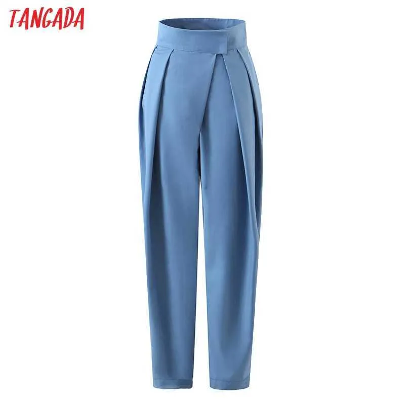 Tangada Fashion Women Blue Suit Pants Trousers Waist Stick Pockets Office Lady Pants Pantalon 1J19 210609