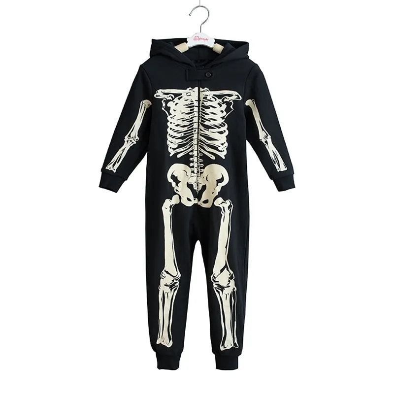 Skeleton Autumn Winter Teens Overalls Jumpsuit Kids Hooded Sleepwear Children Onesie Sleepers Pajamas Halloween Costumes 211130