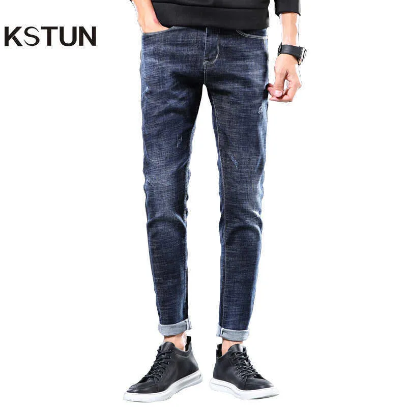 Kstun Mens Jeans Brand Stretch 2021 Slim Fit Сплошные синие повседневные джинсовые штаны полная длина мужские брюки джинсы ковбоев Жан Hombre X0621