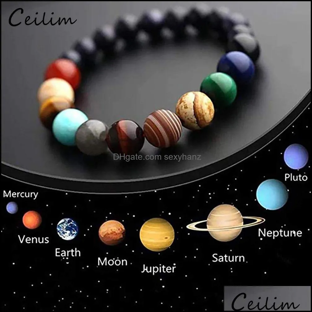 Perlé, brins Galaxy Huit planètes Bracelet Bracelet Natural Stone Universe System Solar System Yoga Chakra Bracelets For Men Women Jewelry Drop de