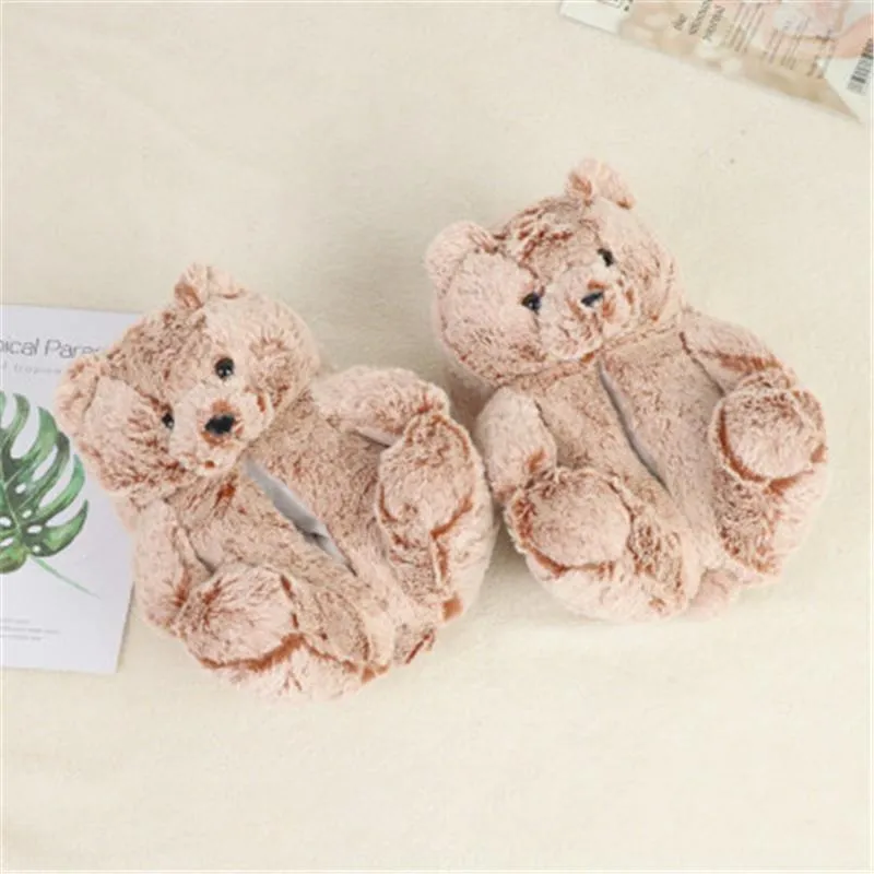 Plush Teddy Bear House Slippers Brown Women Home Indoor Soft Anti-slip Faux Fur Cute Fluffy Pink Slippers Women Winter Warm Shoe