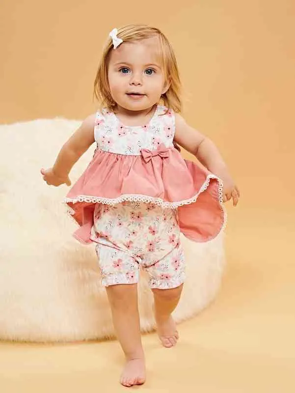 Baby Floral Print Guipure Lace Insert Bow Front Romper SHE