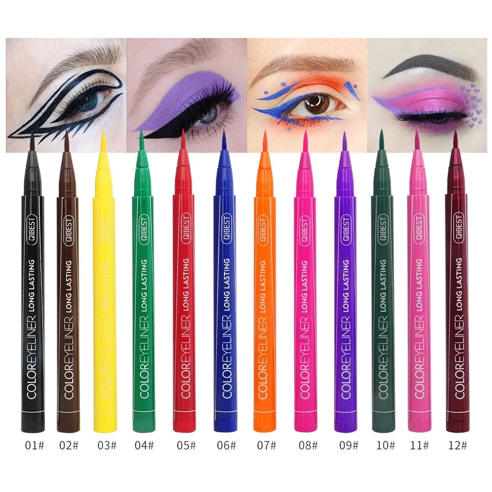 12-Farben-Eyeliner, flüssig, wasserfest, leicht zu tragen, Make-up, mattierter Eyeliner, blau, rot, grün, weiß, goldbraun, brauner Eyeliner