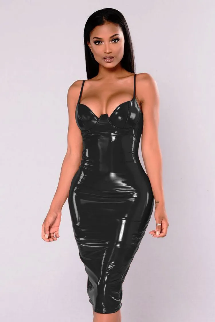 Stylish Spanx Faux Leather Petite Midi Dress With Spaghetti Straps,  Zippers, And PU Material From Mrstang, $37.07