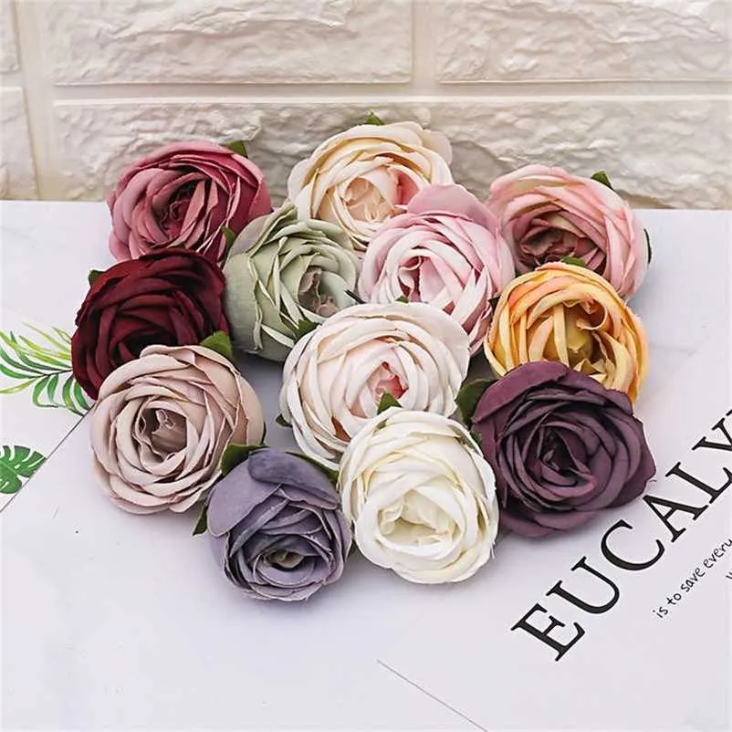 50/100 pcs 4cm Artificial Rose Seda Chá Cabeças De Flor Para Casa Decoração DIY DIY Scrapbooking Artesanato Falso Flores Craft 211122