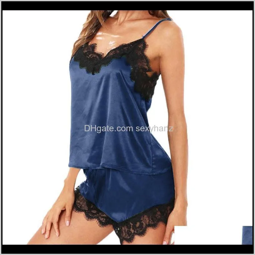 exotic sets women sleepwear sleeveless strap nightwear lace trim satin cami top pajama set d90325