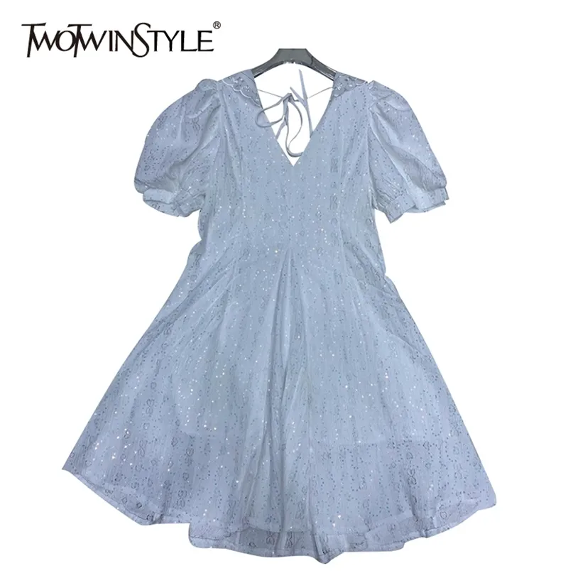 Vestido blanco dulce para mujer cuello en V Puff manga corta cintura alta Patchwork lentejuelas Midi vestidos mujeres verano estilo 210520