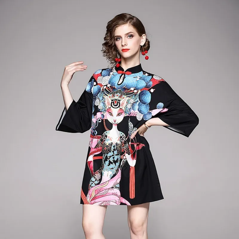 Mode Designer Cartoon Printed Dress Spring Women Tre Quarter Sylse Buckle Stand Collar Cheongsam A-Line Short Dress 210514