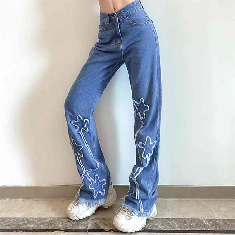 Floral Embrodiery Quaste Blau Y2K Flare Jeans für Mädchen Weibliche Mode Frauen Vintage Denim Hosen Hohe Taille Hosen Capris 210510