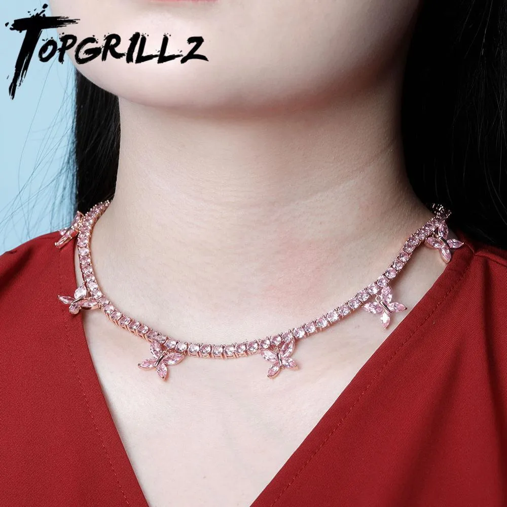 TOPGRILLZ Butterfly Chain 5MM Tennis Chain Choker Necklace Iced Out Cubic zirconia Bling Hip Hop Charm Jewelry Gift For Women X0509