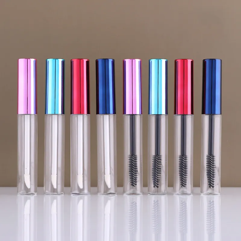 10ml redondo claro plástico labial brilho garrafas de barra de rímel de barra de rímel com lipbrush colorido / pico de pico de cílios LID, recipiente de batom recarregável BPA livre