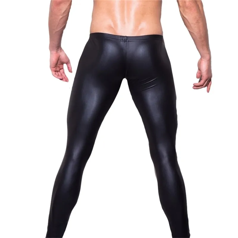 Sexy Men Low-rise U Bulge Pouch Night Club Stage Performance Tights Bodywear Pants Men's Shiny Faux Leather Leggings Gay Wear 210715