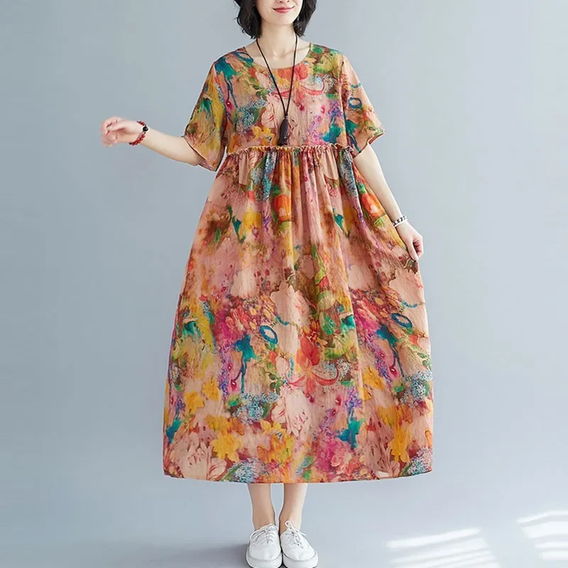 Femmes coton lin tenue décontractée nouvel été Vintage Style col rond imprimé fleuri lâche dames vacances longues robes S3269 210412