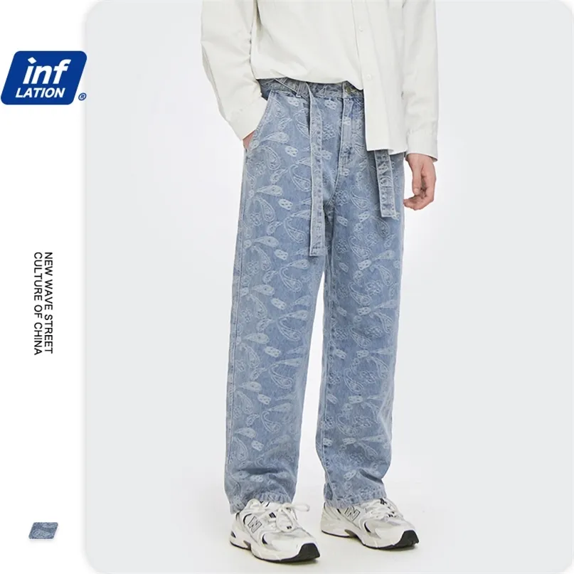 Inflacja Mężczyźni Jeans Spring High Street Luźne Prosty Spodnie z pasem Retro Hip Hop Denim Streetwear 3255 210723