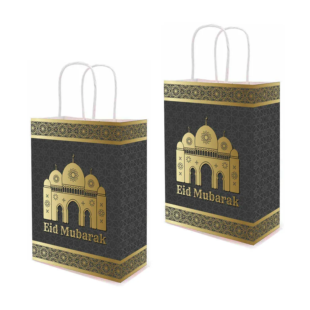 AVEBIEN 10/20pcsMuslim Eid Mubarak Bolsas de mano doradas Embalaje de regalo conmemorativo Ramadán Kraft Bolsa de papel Suministros para fiestas Bolsa de regalo 210724