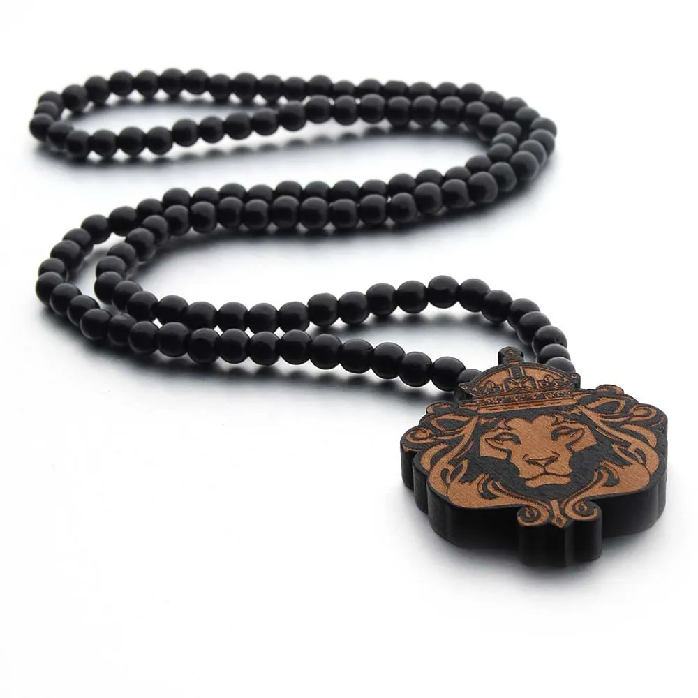 Lion roi pendentif collier sculpté perles de bois hip hop hip hiphop pour hommes femmes bijoux cadeaux fête des pères